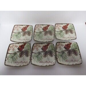 Carson SET OF 6-MERRY CHRISTMAS Cardinal on branch Dessert Salad Plates  6.5"